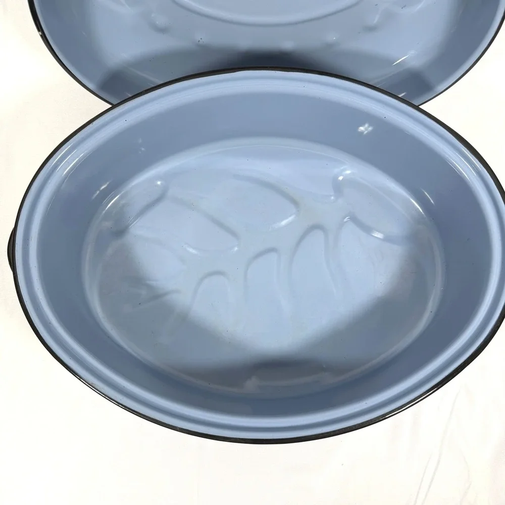 Vintage Enamelware Oval Roasting Pan with Lid Blue Farmhouse Large 16.5in Roastr